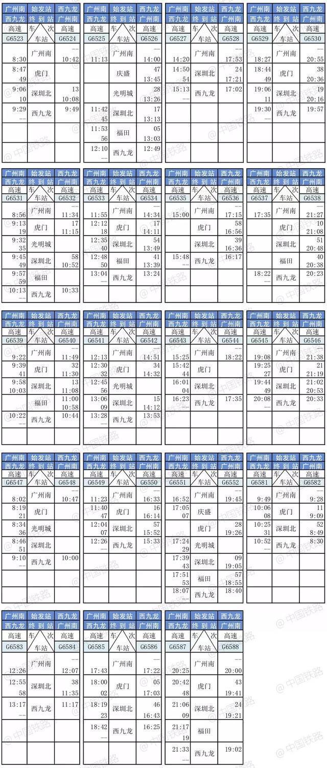 广深港高铁时刻表